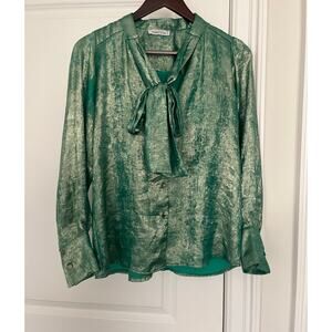 Scarlet Roos France women’s blouse green gold bow accent Sz. S/M